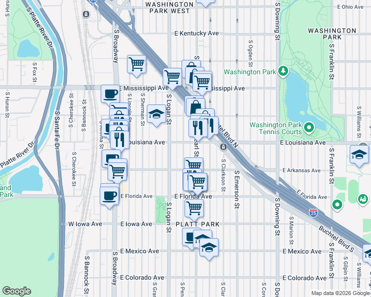 map of restaurants, bars, coffee shops, grocery stores, and more near 1295 South Pennsylvania Street in Denver