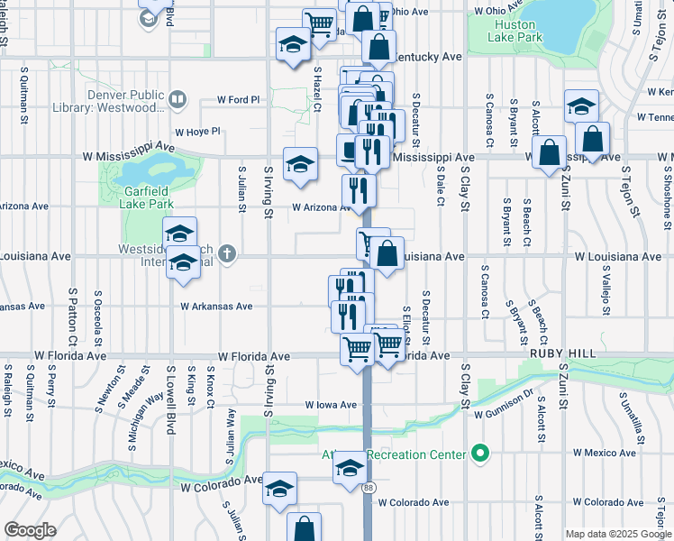 map of restaurants, bars, coffee shops, grocery stores, and more near 3150 West Louisiana Avenue in Denver