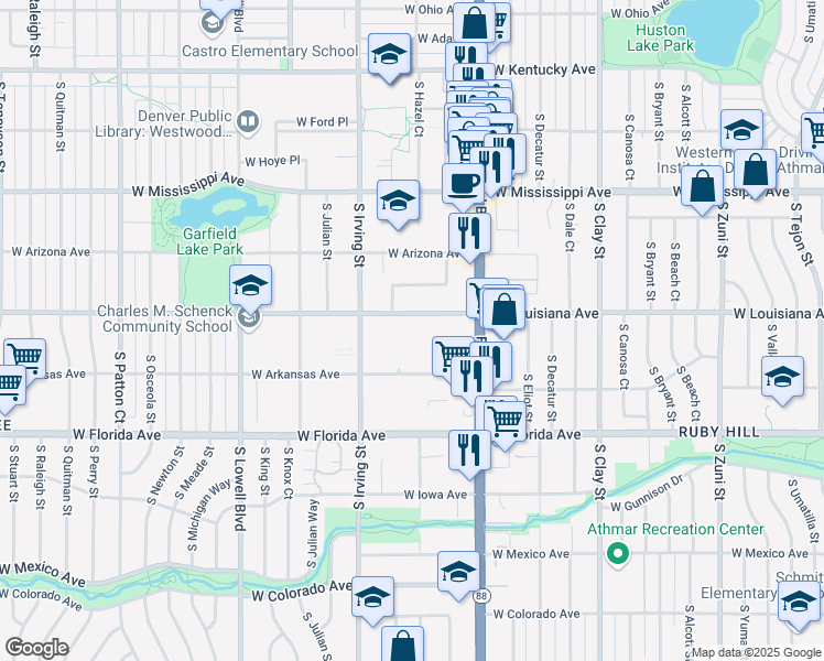 map of restaurants, bars, coffee shops, grocery stores, and more near 3150 West Louisiana Avenue in Denver