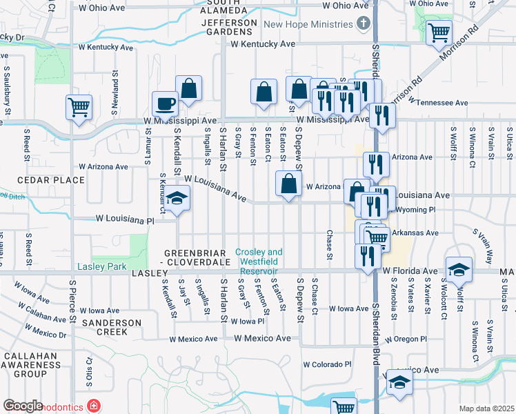 map of restaurants, bars, coffee shops, grocery stores, and more near 5777 West Louisiana Avenue in Lakewood