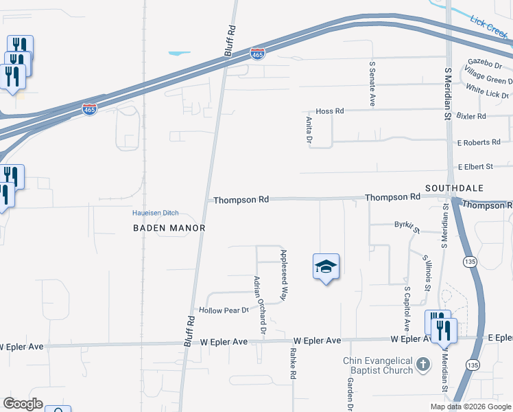 map of restaurants, bars, coffee shops, grocery stores, and more near 450 Thompson Road in Indianapolis