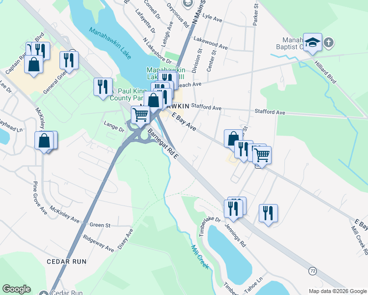 map of restaurants, bars, coffee shops, grocery stores, and more near 26 Park Avenue in Stafford Township