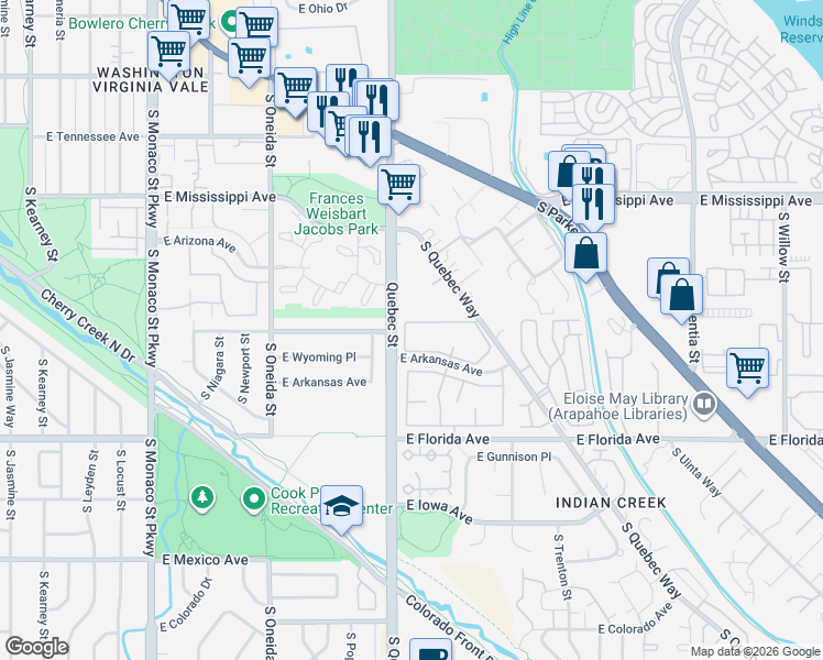 map of restaurants, bars, coffee shops, grocery stores, and more near 7575 East Arkansas Avenue in Denver