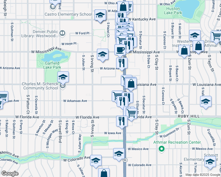 map of restaurants, bars, coffee shops, grocery stores, and more near 3150 West Louisiana Avenue in Denver