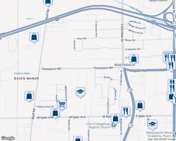 map of restaurants, bars, coffee shops, grocery stores, and more near 331 Thompson Road in Indianapolis
