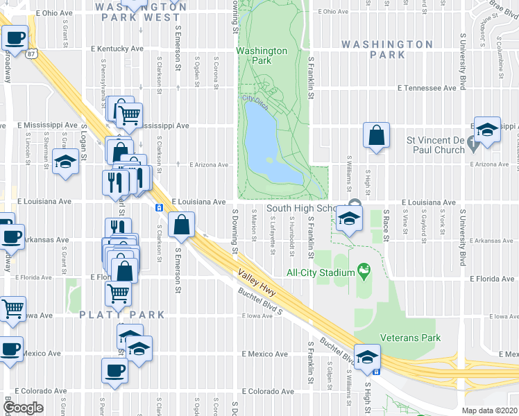 map of restaurants, bars, coffee shops, grocery stores, and more near 1312 South Marion Street in Denver