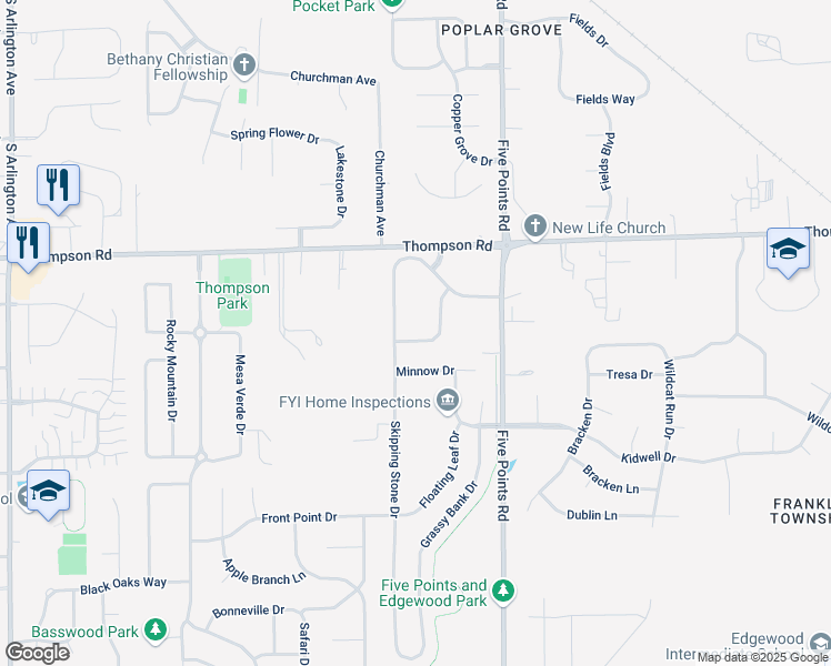 map of restaurants, bars, coffee shops, grocery stores, and more near 5134 Cedar Mill Lane in Indianapolis