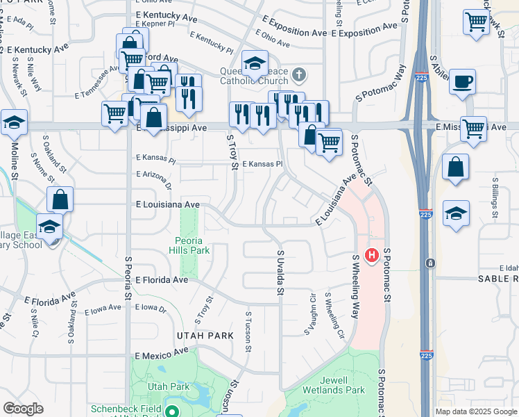 map of restaurants, bars, coffee shops, grocery stores, and more near 13000 East Kansas Place in Aurora