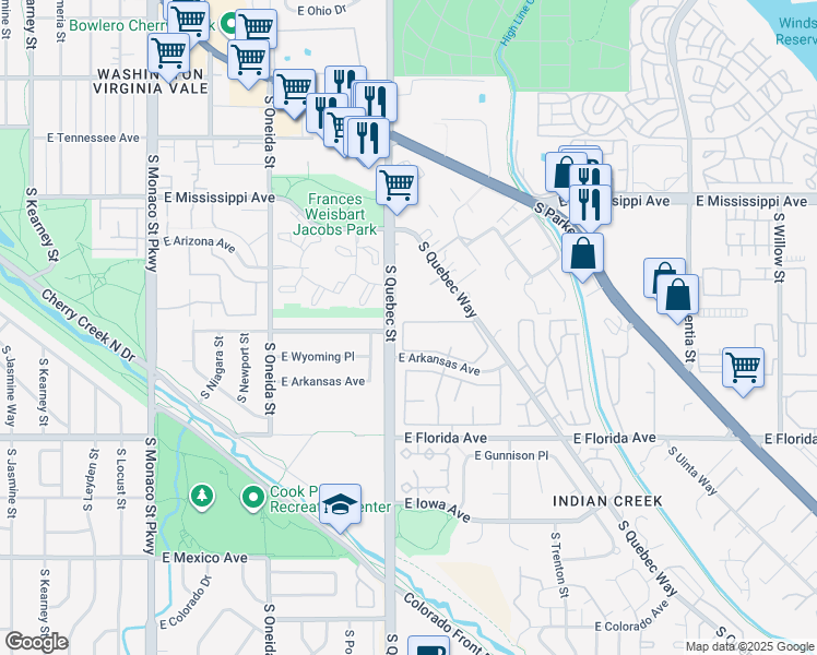map of restaurants, bars, coffee shops, grocery stores, and more near 1211 South Quebec Street in Denver