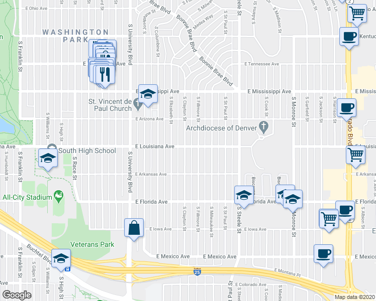 map of restaurants, bars, coffee shops, grocery stores, and more near 2615 East Louisiana Avenue in Denver