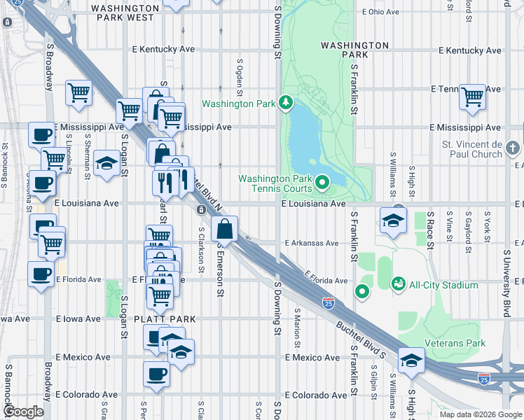 map of restaurants, bars, coffee shops, grocery stores, and more near 1300 South Corona Street in Denver