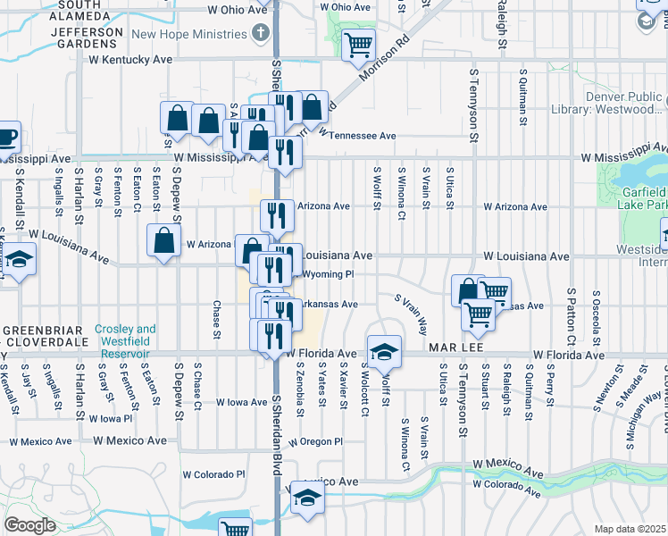 map of restaurants, bars, coffee shops, grocery stores, and more near 1301 South Yates Street in Denver