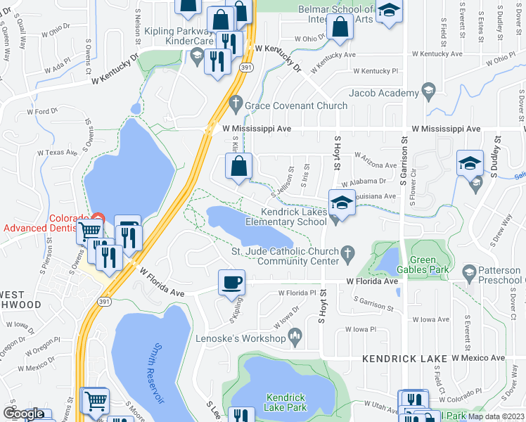 map of restaurants, bars, coffee shops, grocery stores, and more near 9864 West Maryland Drive in Lakewood