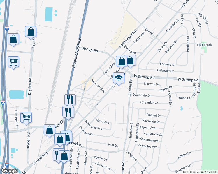 map of restaurants, bars, coffee shops, grocery stores, and more near 4128 Ellery Avenue in Moraine