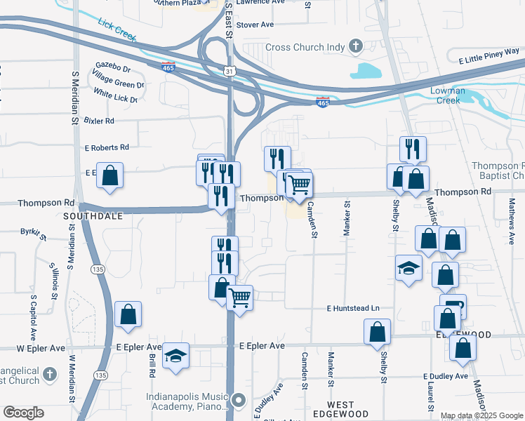 map of restaurants, bars, coffee shops, grocery stores, and more near 5000 Turtle Creek Court in Indianapolis