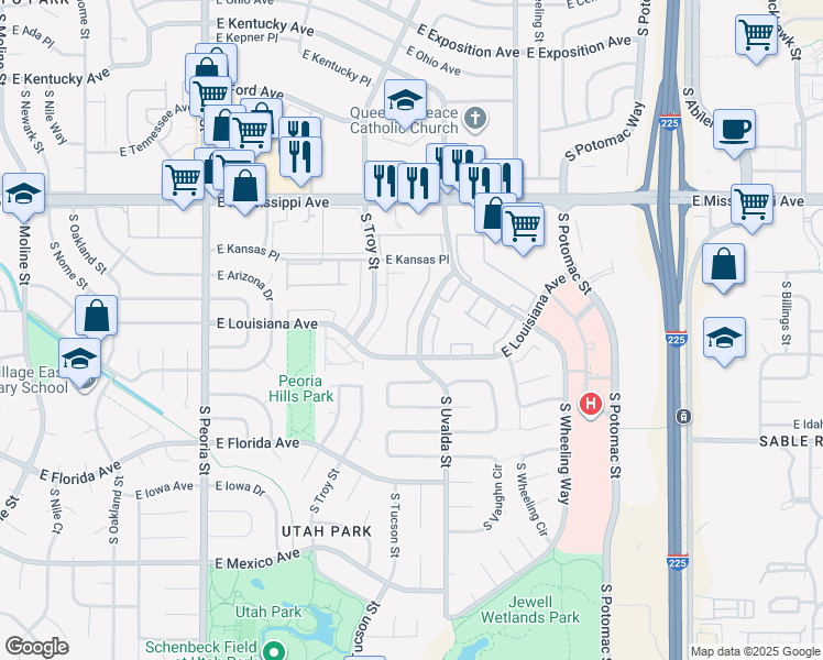 map of restaurants, bars, coffee shops, grocery stores, and more near 13000 East Kansas Place in Aurora