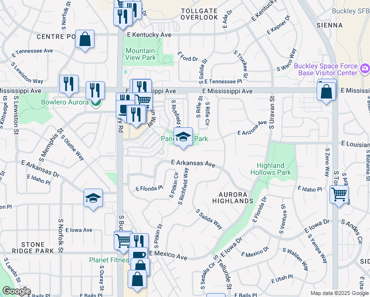 map of restaurants, bars, coffee shops, grocery stores, and more near 17301 East Arkansas Avenue in Aurora