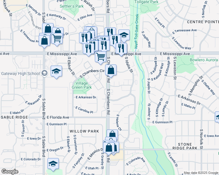 map of restaurants, bars, coffee shops, grocery stores, and more near 1284 South Chambers Road in Aurora