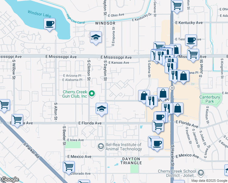 map of restaurants, bars, coffee shops, grocery stores, and more near 9855 East Louisiana Drive in Denver