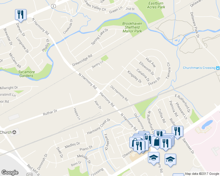 map of restaurants, bars, coffee shops, grocery stores, and more near 802 Old Harmony Road in Newark