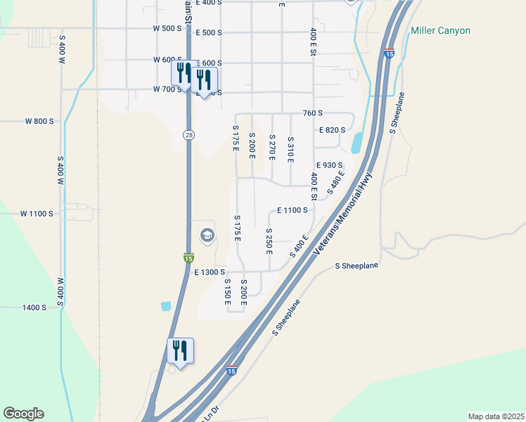 map of restaurants, bars, coffee shops, grocery stores, and more near 1102 South 250 East in Nephi