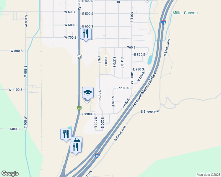 map of restaurants, bars, coffee shops, grocery stores, and more near 1102 South 250 East in Nephi