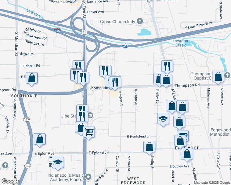map of restaurants, bars, coffee shops, grocery stores, and more near 711 Thompson Road in Indianapolis
