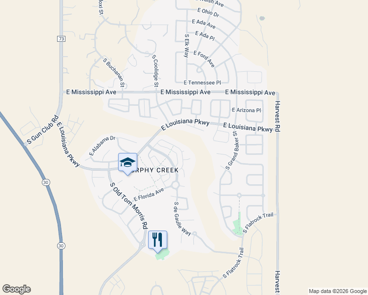 map of restaurants, bars, coffee shops, grocery stores, and more near 1346 South Duquesne Circle in Aurora