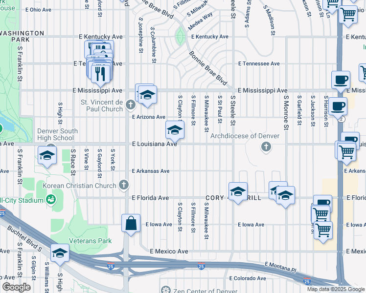 map of restaurants, bars, coffee shops, grocery stores, and more near 2615 East Louisiana Avenue in Denver