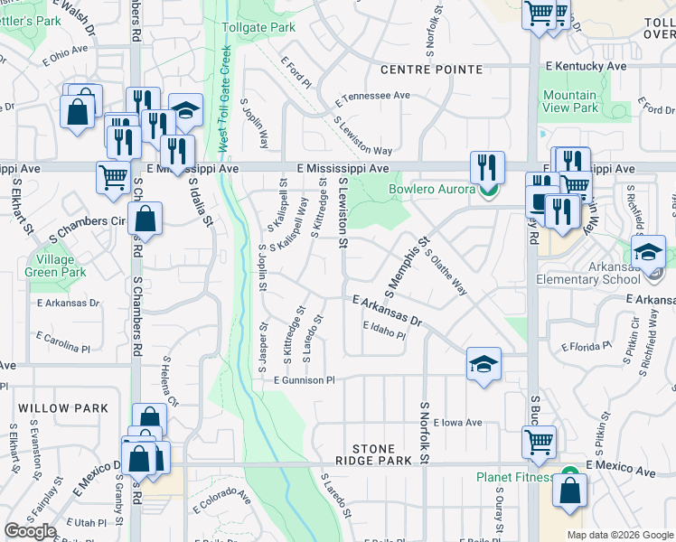 map of restaurants, bars, coffee shops, grocery stores, and more near 1346 South Laredo Court in Aurora