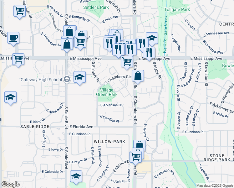 map of restaurants, bars, coffee shops, grocery stores, and more near 15108-66132 East Louisiana Drive in Aurora