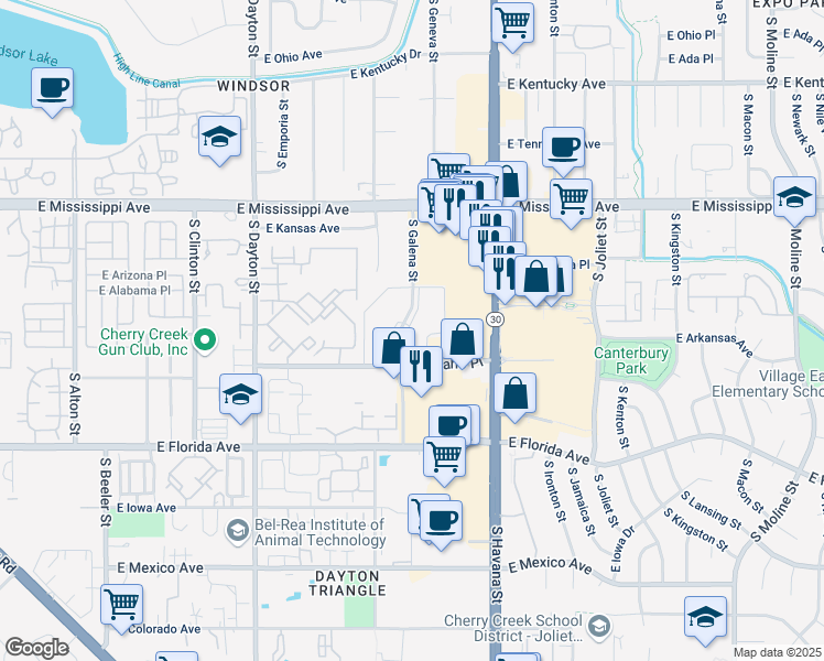 map of restaurants, bars, coffee shops, grocery stores, and more near 1335 South Galena Street in Denver