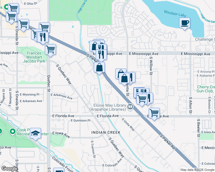 map of restaurants, bars, coffee shops, grocery stores, and more near 1291 South Ulster Street in Denver