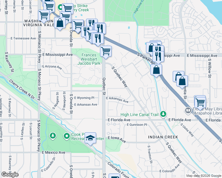 map of restaurants, bars, coffee shops, grocery stores, and more near 1211 South Quebec Street in Denver