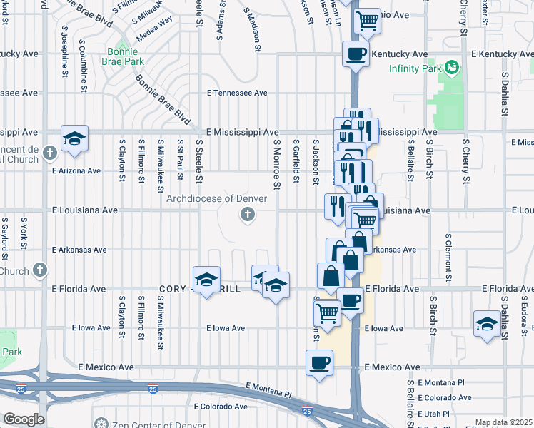 map of restaurants, bars, coffee shops, grocery stores, and more near 1201-1299 S Monroe St in Denver