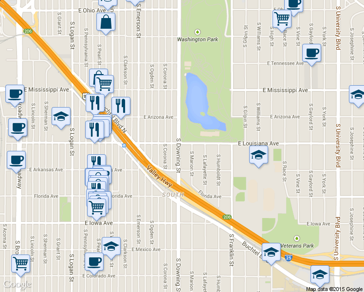 map of restaurants, bars, coffee shops, grocery stores, and more near 1235-1299 East Louisiana Avenue in Denver