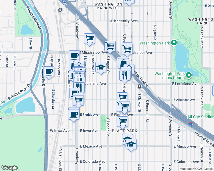 map of restaurants, bars, coffee shops, grocery stores, and more near 308 East Louisiana Avenue in Denver