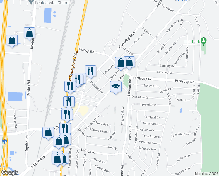 map of restaurants, bars, coffee shops, grocery stores, and more near 4128 Ellery Avenue in Moraine
