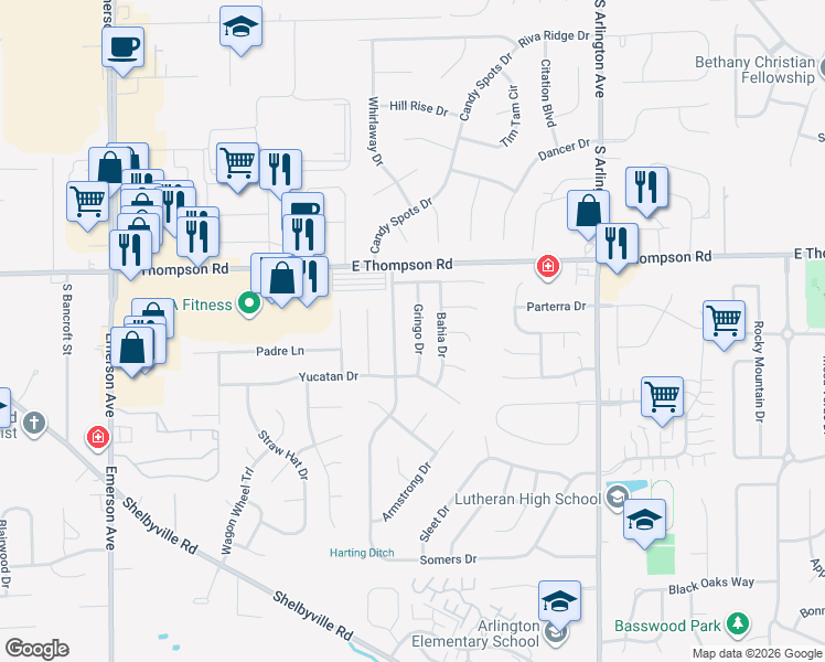 map of restaurants, bars, coffee shops, grocery stores, and more near 5109 Pappas Drive in Indianapolis