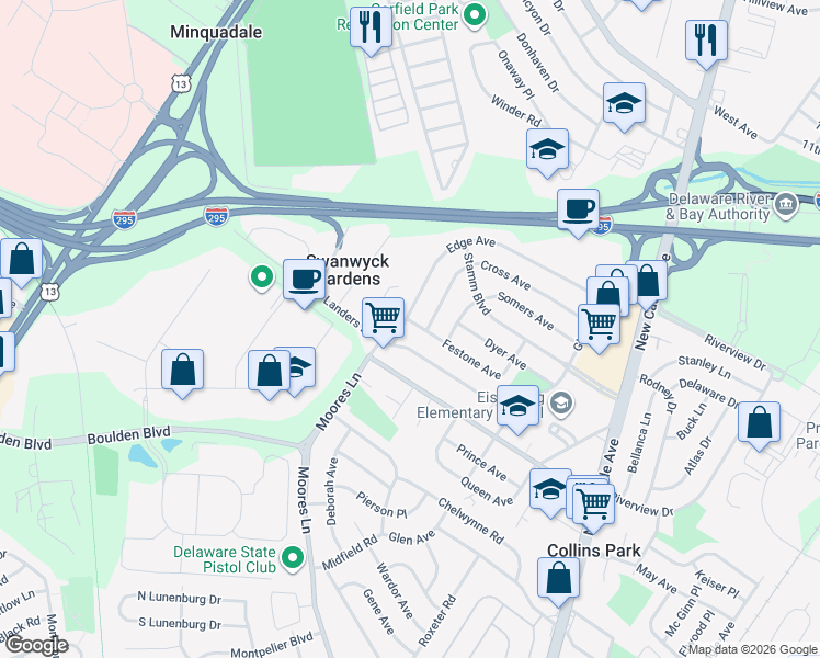 map of restaurants, bars, coffee shops, grocery stores, and more near 182 Edge Avenue in New Castle