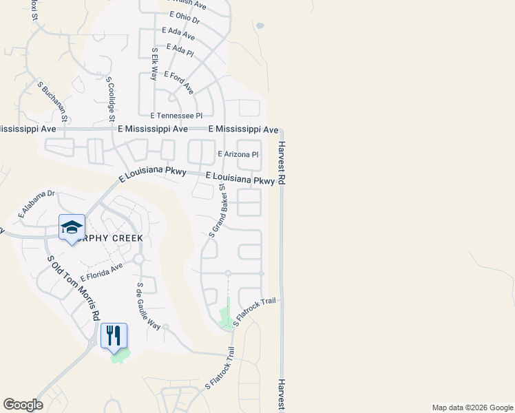 map of restaurants, bars, coffee shops, grocery stores, and more near 24795 East Louisiana Circle in Aurora
