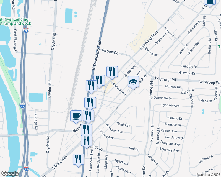 map of restaurants, bars, coffee shops, grocery stores, and more near 4200 Kettering Boulevard in Moraine