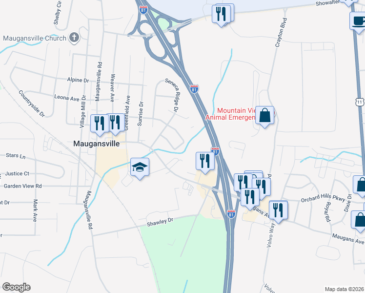 map of restaurants, bars, coffee shops, grocery stores, and more near 18265 Roy Croft Drive in Hagerstown