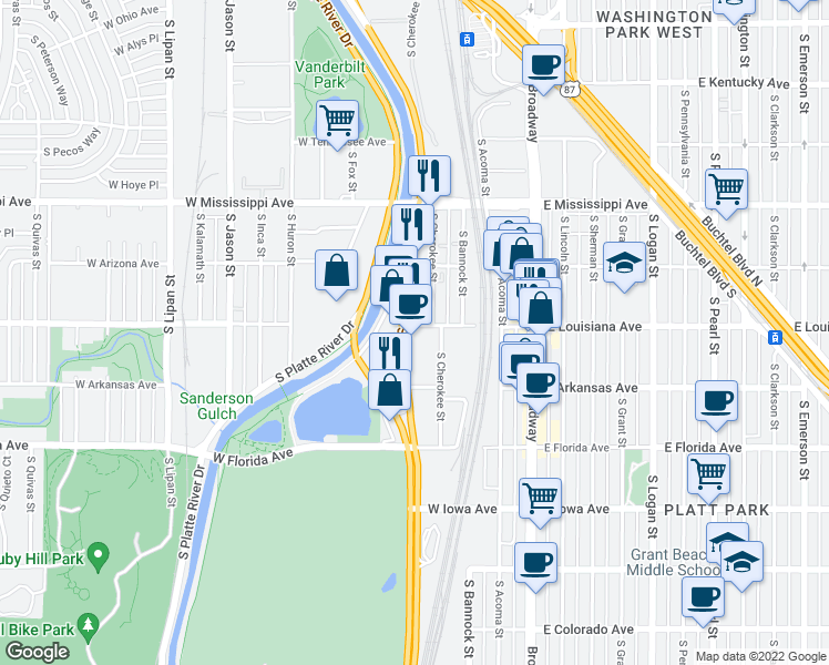 map of restaurants, bars, coffee shops, grocery stores, and more near 1304 South Santa Fe Drive in Denver