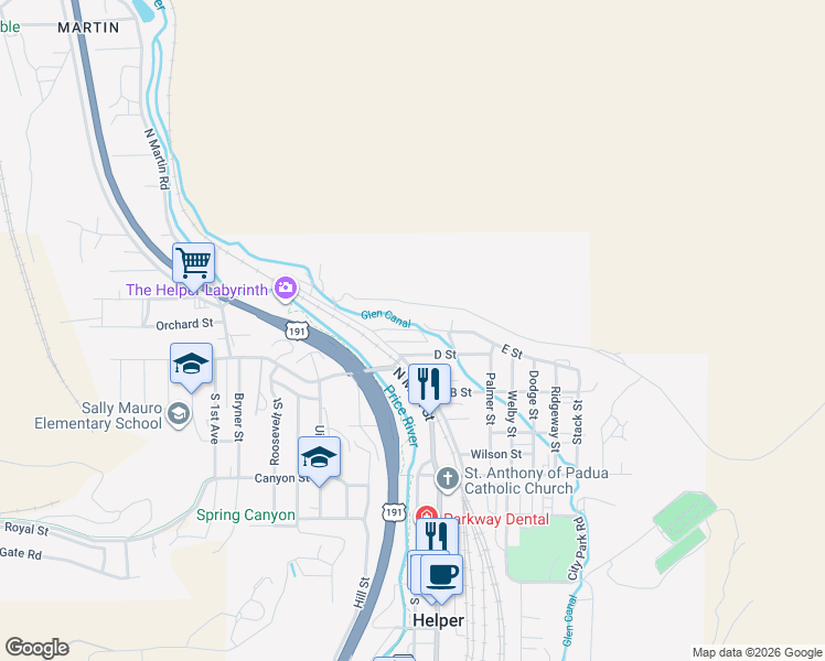 map of restaurants, bars, coffee shops, grocery stores, and more near 46 East E Street in Helper