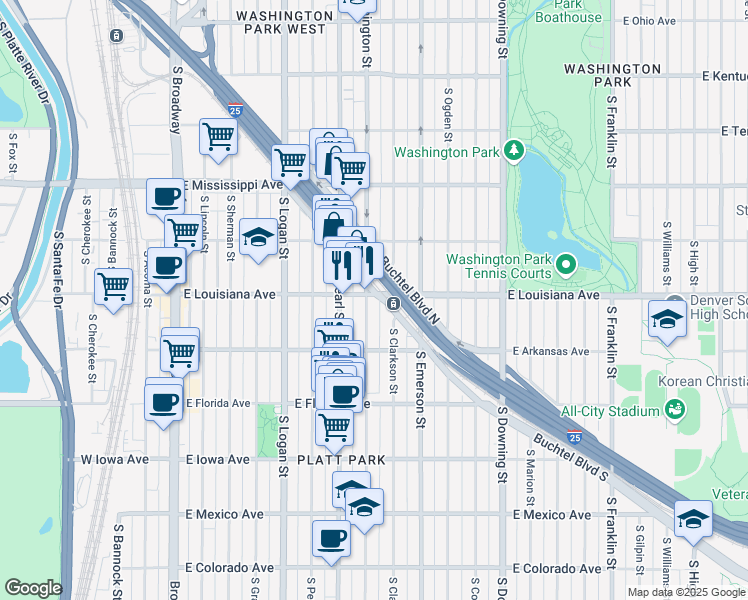 map of restaurants, bars, coffee shops, grocery stores, and more near 700 East Louisiana Avenue in Denver
