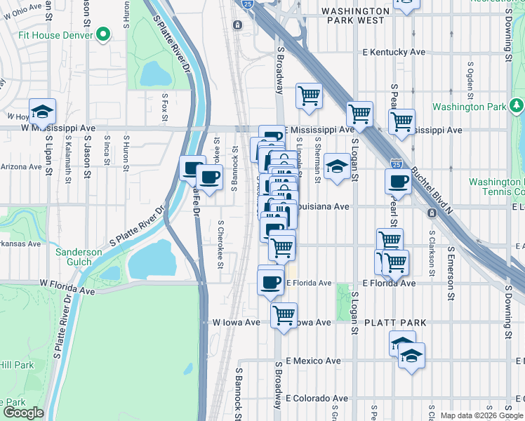 map of restaurants, bars, coffee shops, grocery stores, and more near 1265 South Broadway in Denver