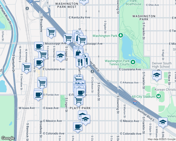 map of restaurants, bars, coffee shops, grocery stores, and more near 710 East Louisiana Avenue in Denver
