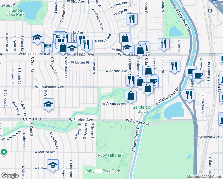 map of restaurants, bars, coffee shops, grocery stores, and more near 1400 West Louisiana Avenue in Denver