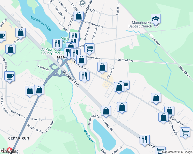 map of restaurants, bars, coffee shops, grocery stores, and more near 145 East Bay Avenue in Stafford Township